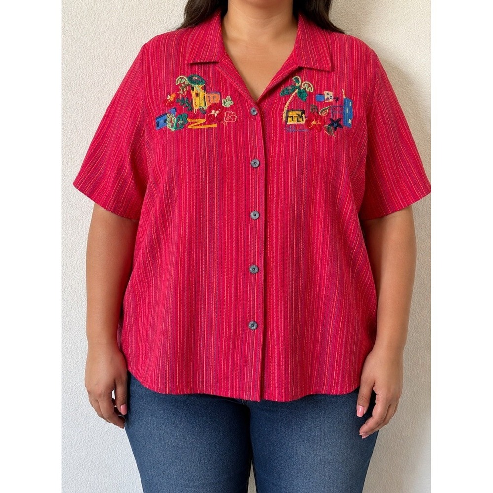 Koret‎ Francisca Plus Size 20W Red Striped Embroidered Button Shirt Blouse Top